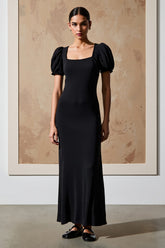 Schwarzes Langes Partykleid mit quadratischem Ausschnitt und Puffärmeln